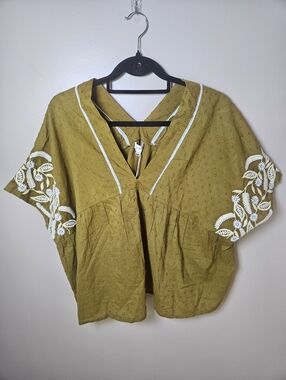 World Market Yellow Floral Embroidered Cotton Vneck Lightweight Boho Blouse L/XL